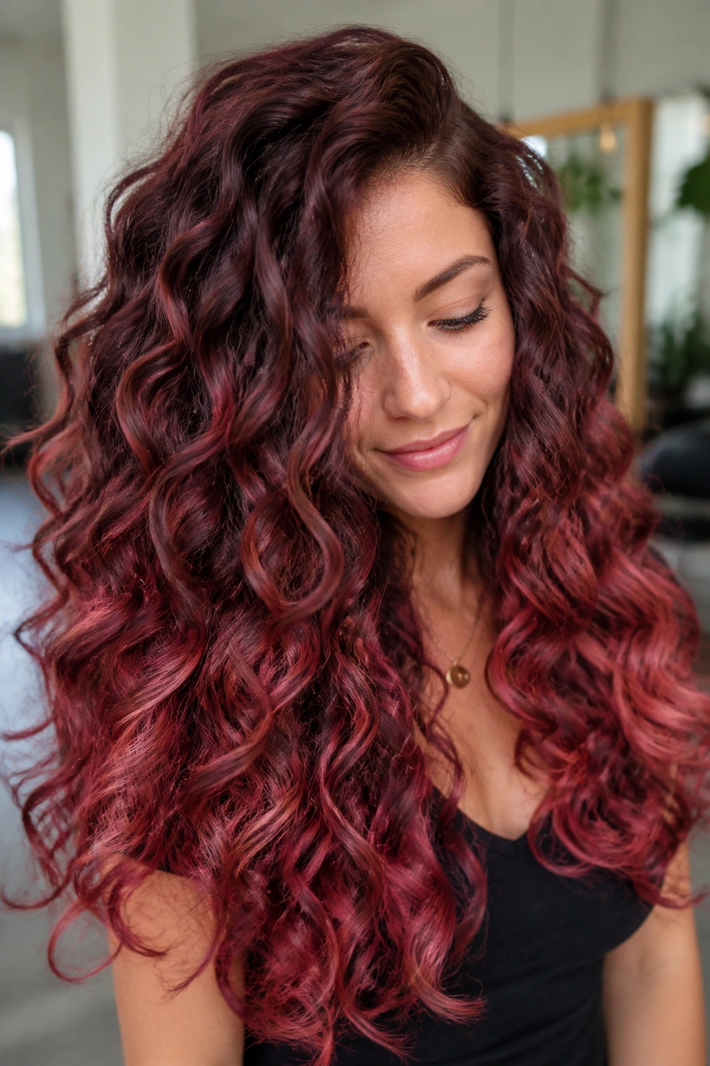 Close-up of a real woman's long curls with mahogany to rose red tones