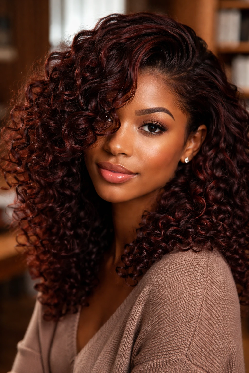 Close-up portrait of a real woman with mahogany curls and a deep side part under soft window light