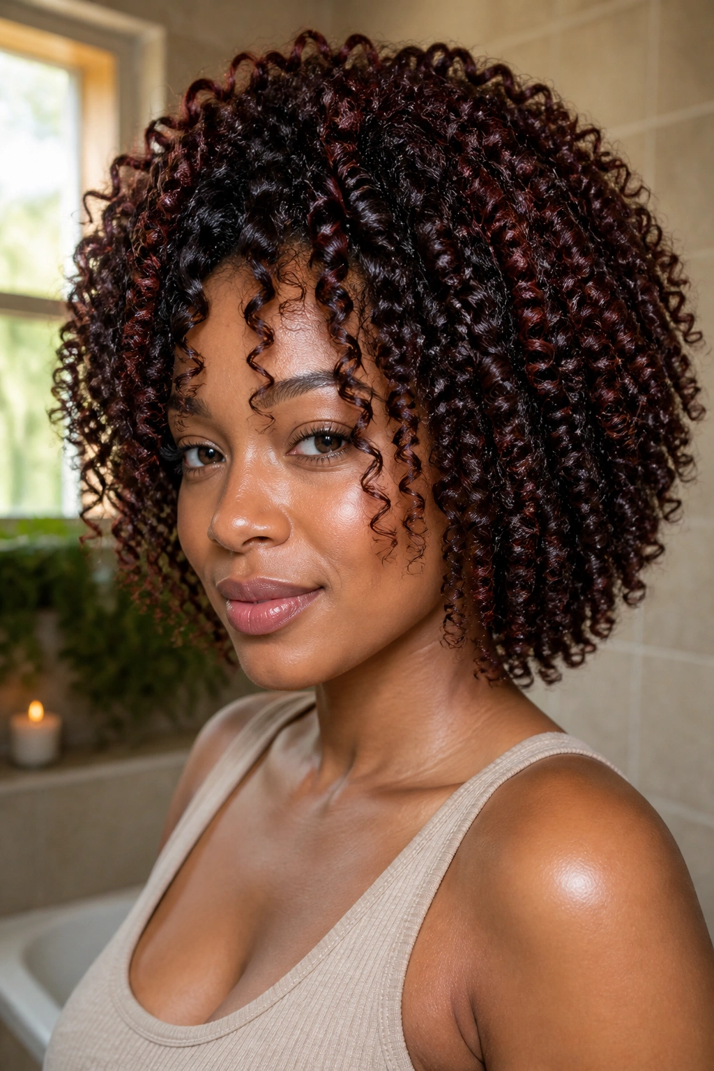 Close-up of a real woman's mahogany wash-and-go curls in a bathroom setting
