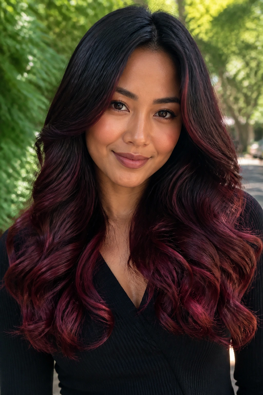 Close-up of long curls with mahogany ends and black roots on a real person