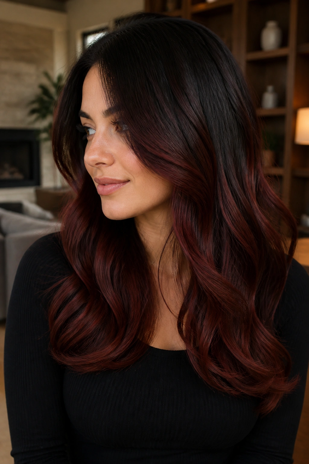 Close-up of a real woman with mahogany and espresso hair sweeping from mid-lengths to ends.