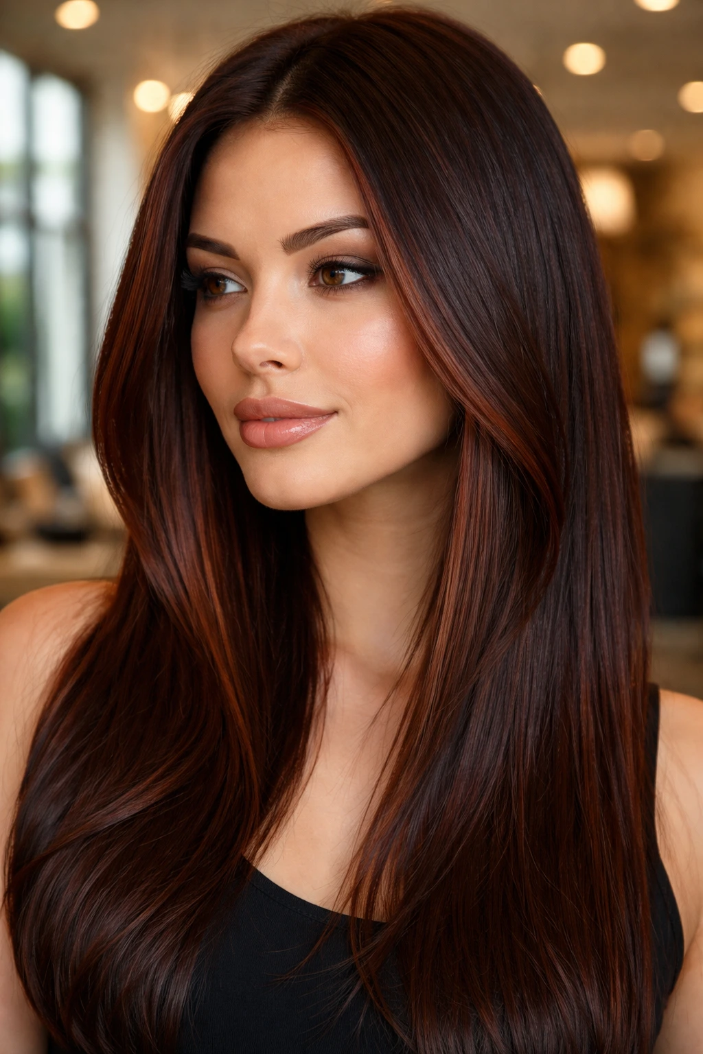 Real woman with mahogany face-framing strips along jawline.