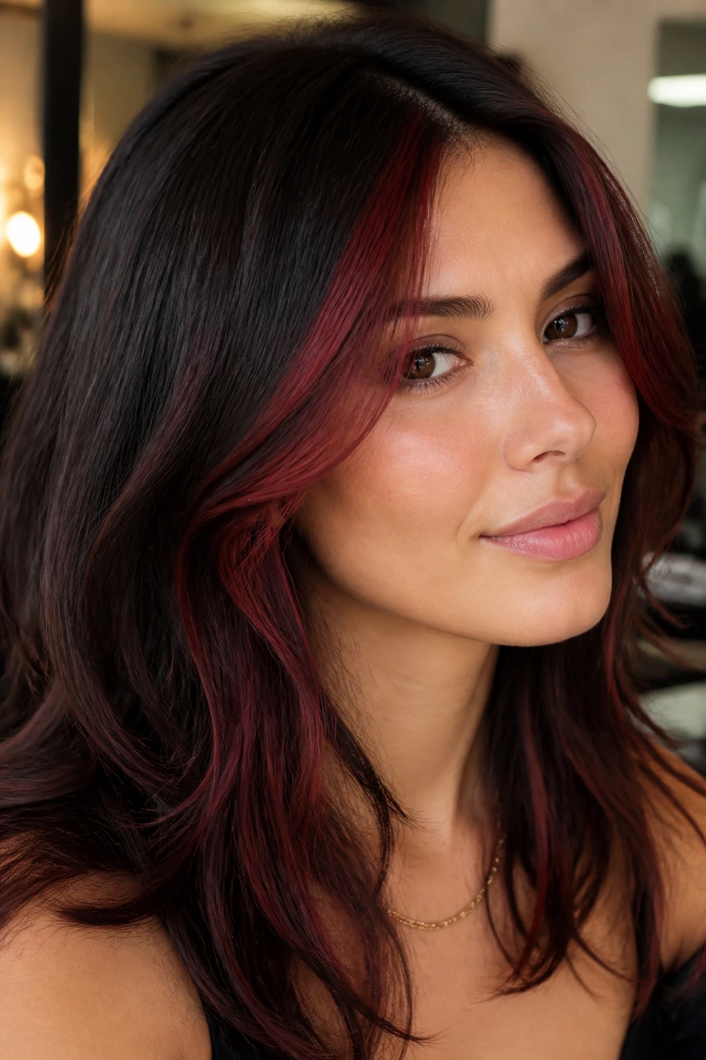 Close-up of a real person with mahogany face-framing streaks