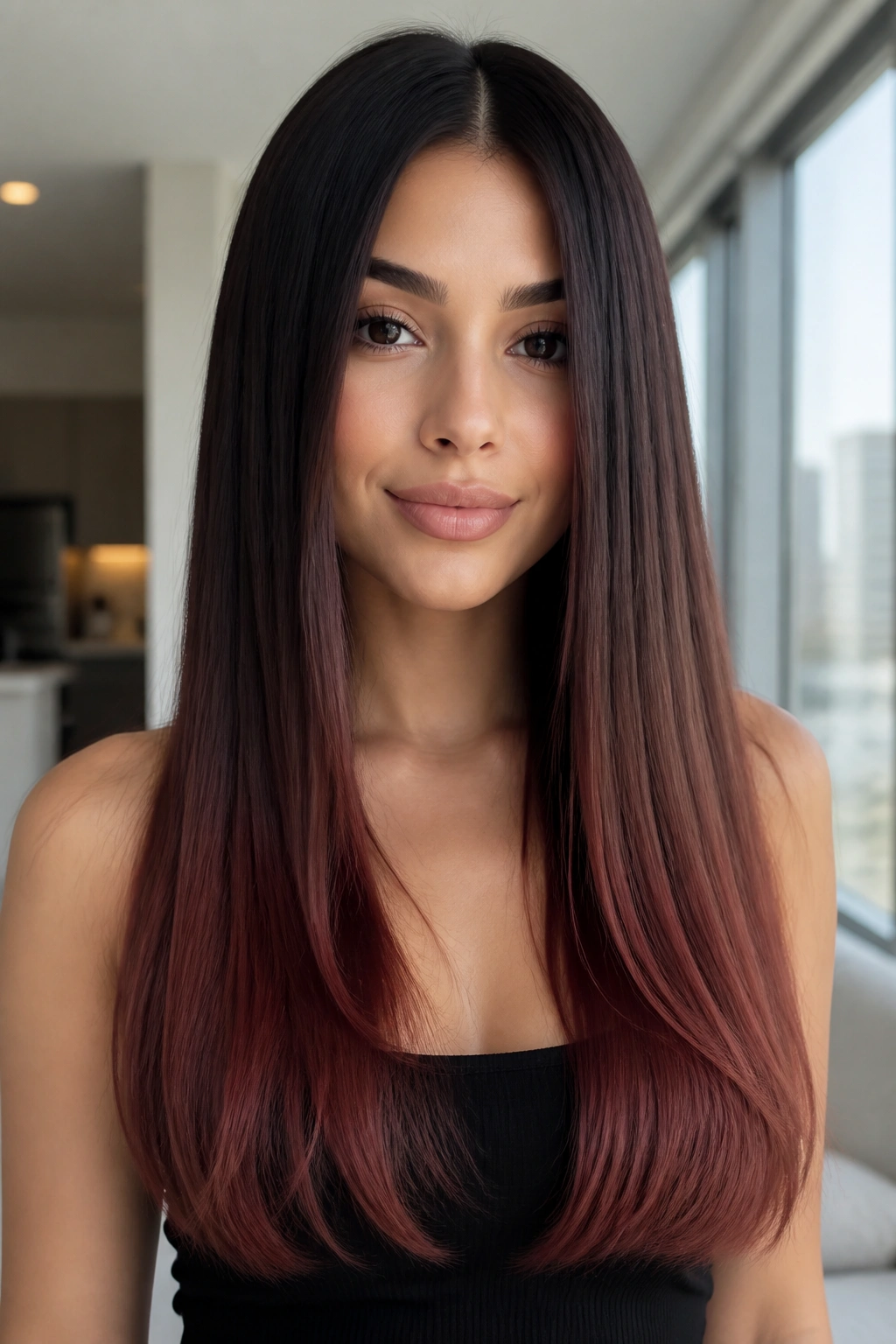 Close-up of straight long hair with a mahogany fade on a brunette.