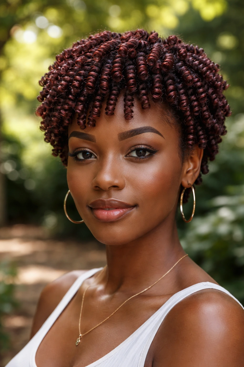 Close-up of mahogany finger coils on short natural hair in a sun-dappled garden