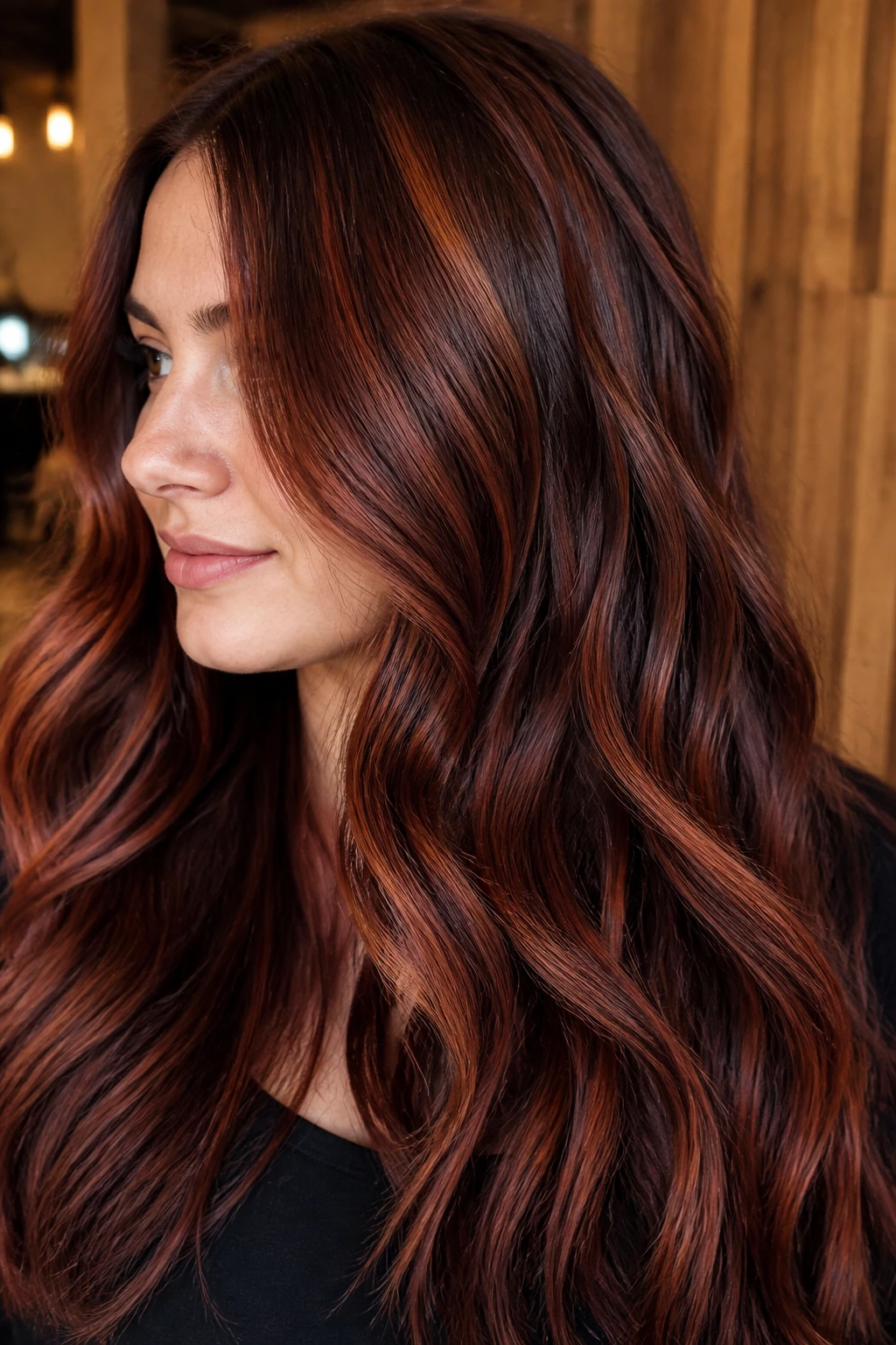 Close-up of a real woman showing mahogany ginger with dark lowlights for depth and warmth
