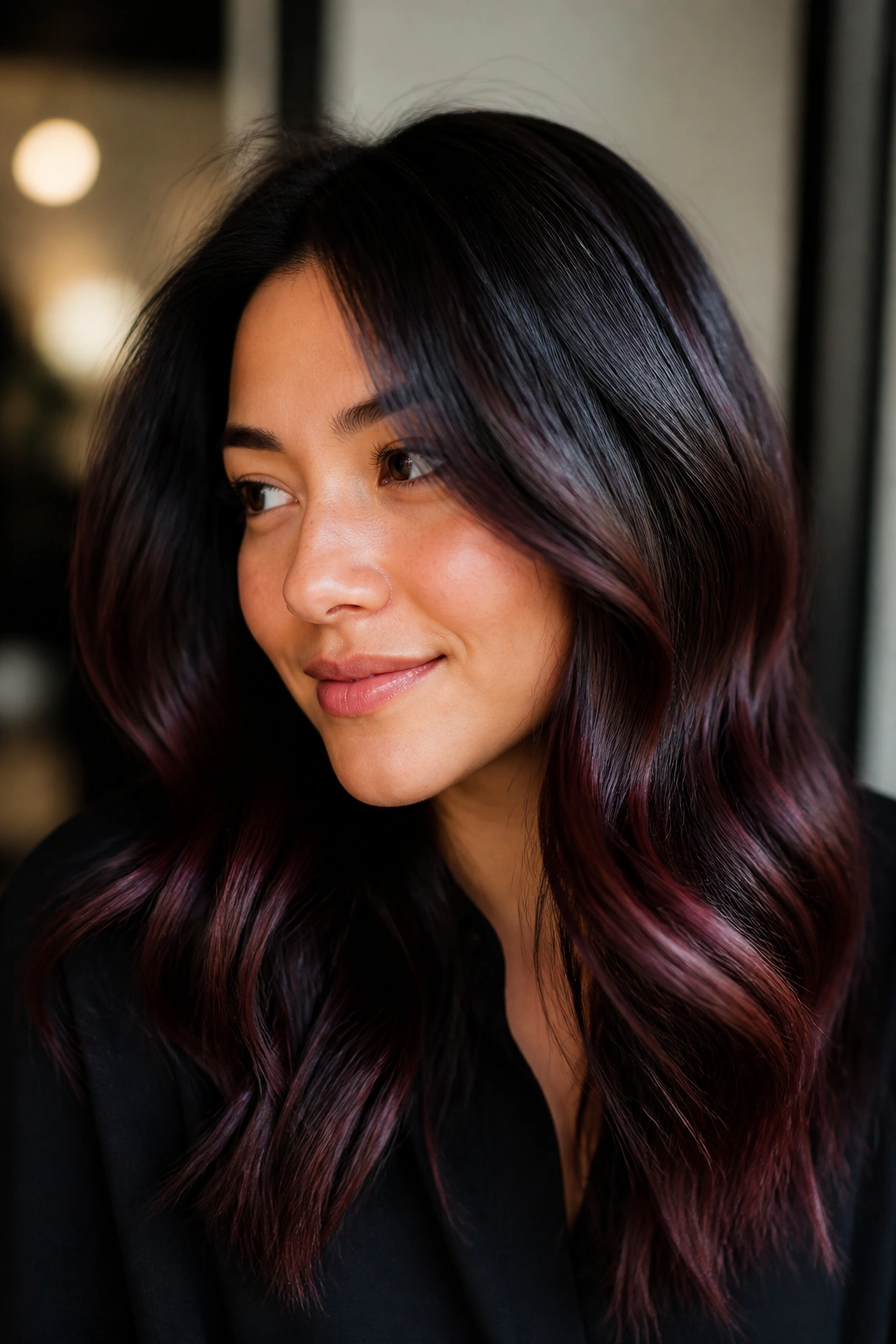 Close-up portrait of a real person with dark mahogany gloss over black hair