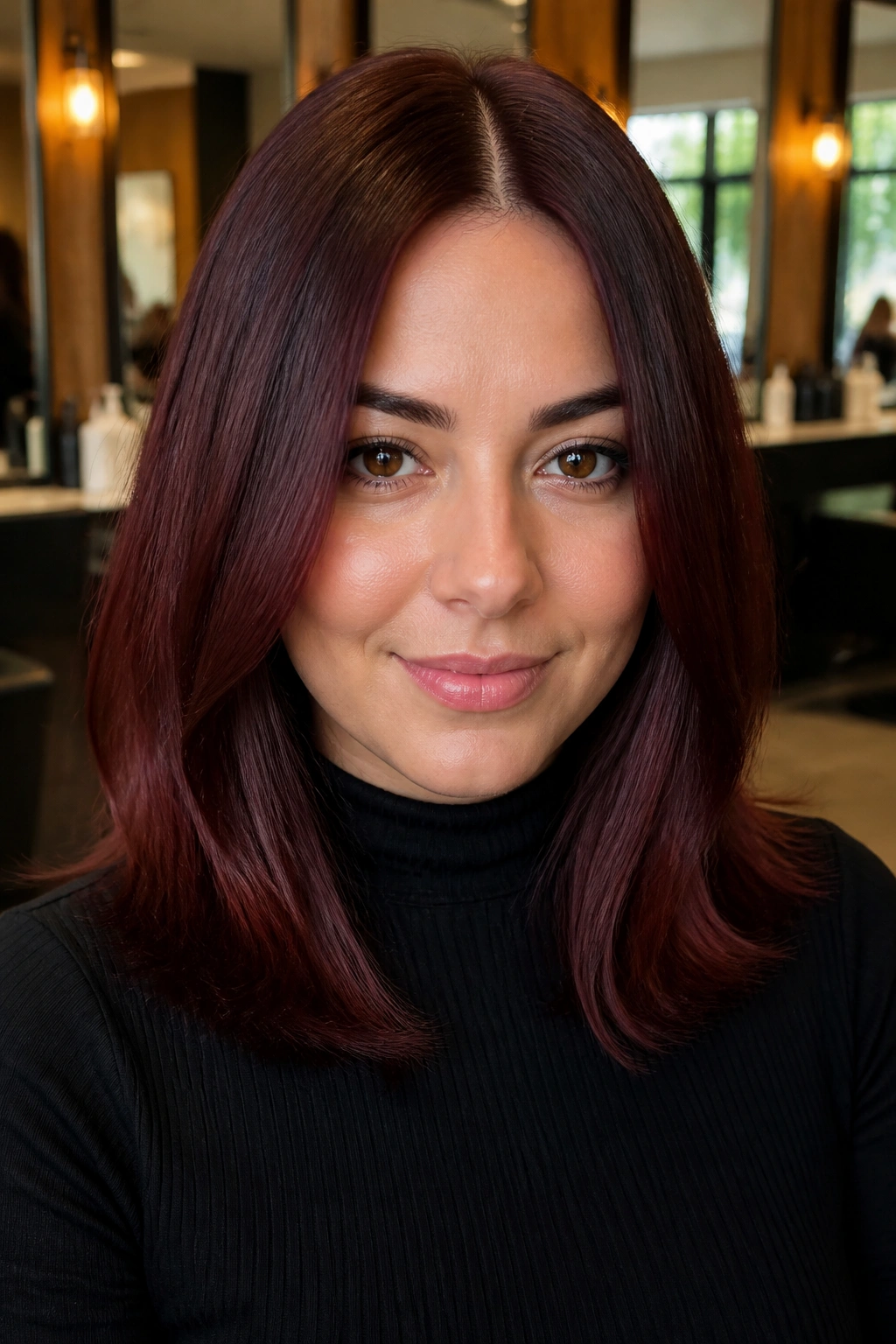 Close-up of a woman with mahogany gloss hair and center part in a warm salon.