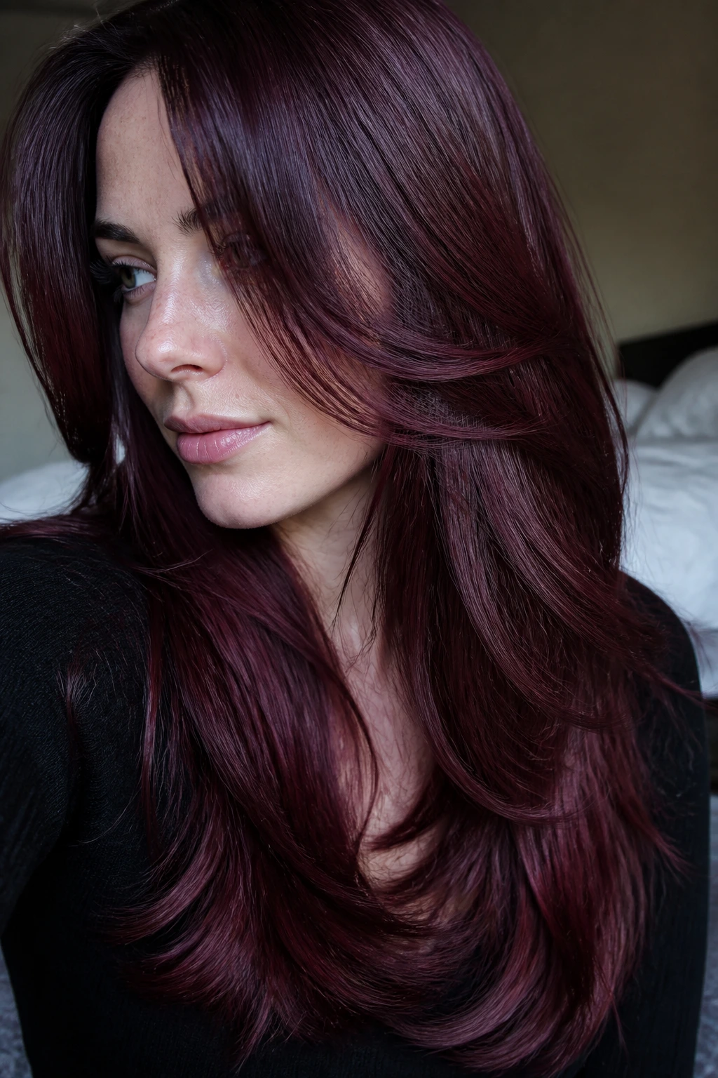 Close-up portrait of a real person with mahogany red gloss on long layered hair and cool skin tone