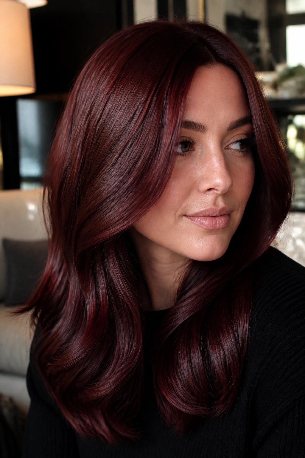 Close-up portrait of a woman with mahogany gloss and micro-highlights under warm indoor light