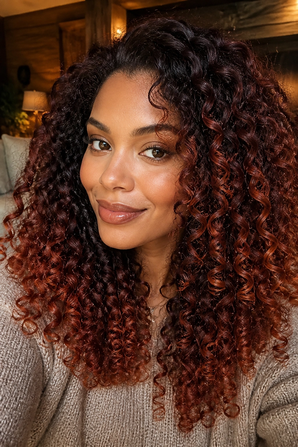 Thick curls with mahogany glow ombre on a real person