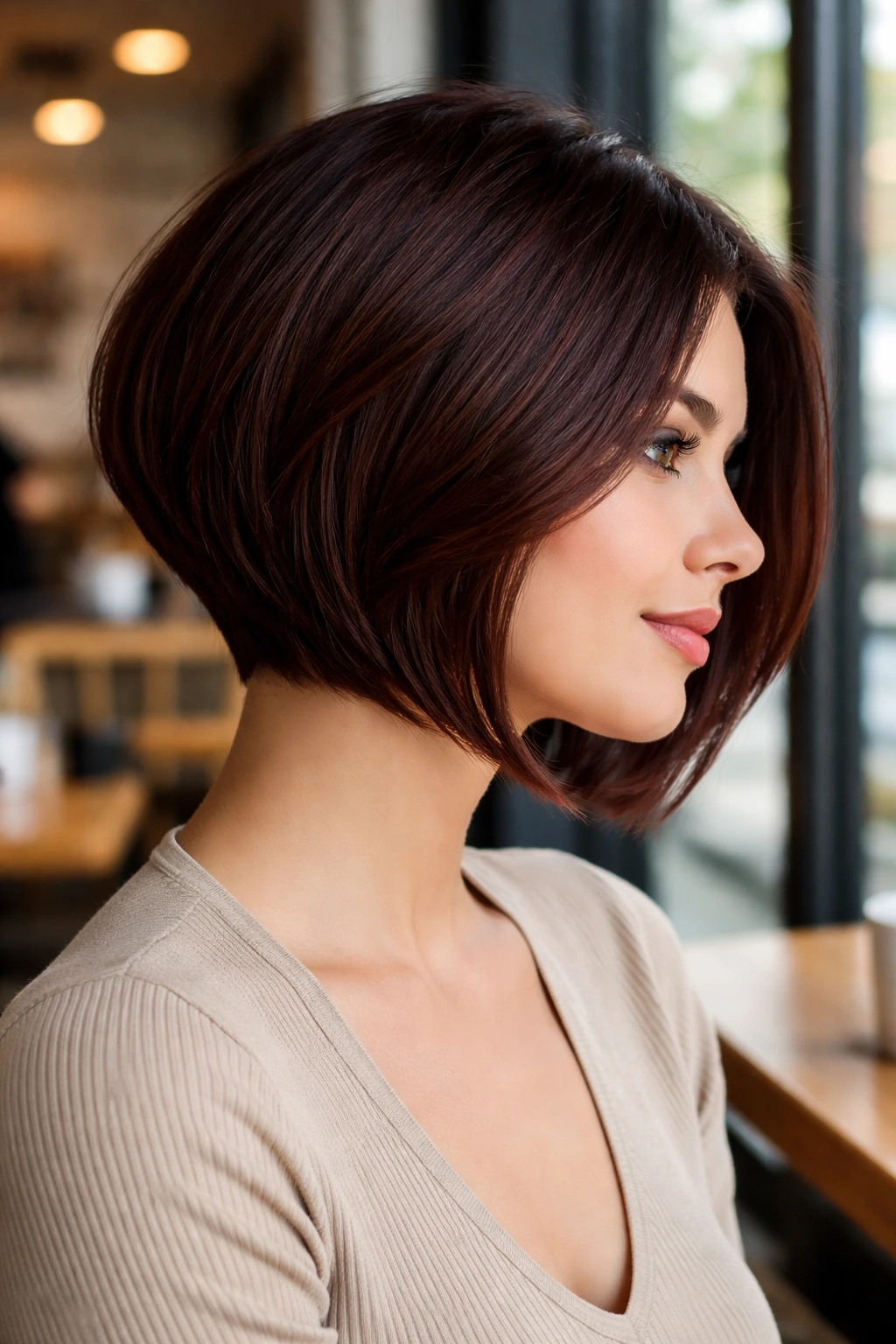 Real woman wearing a steeply graduated mahogany bob highlighting the jawline.