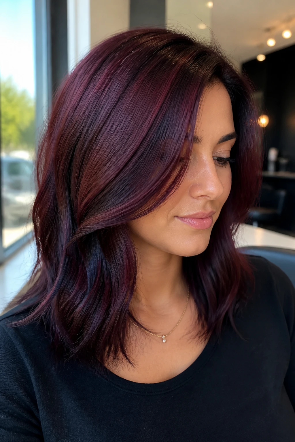 Close-up of a real person with satin mahogany hair and blue-black lowlights under warm salon window light