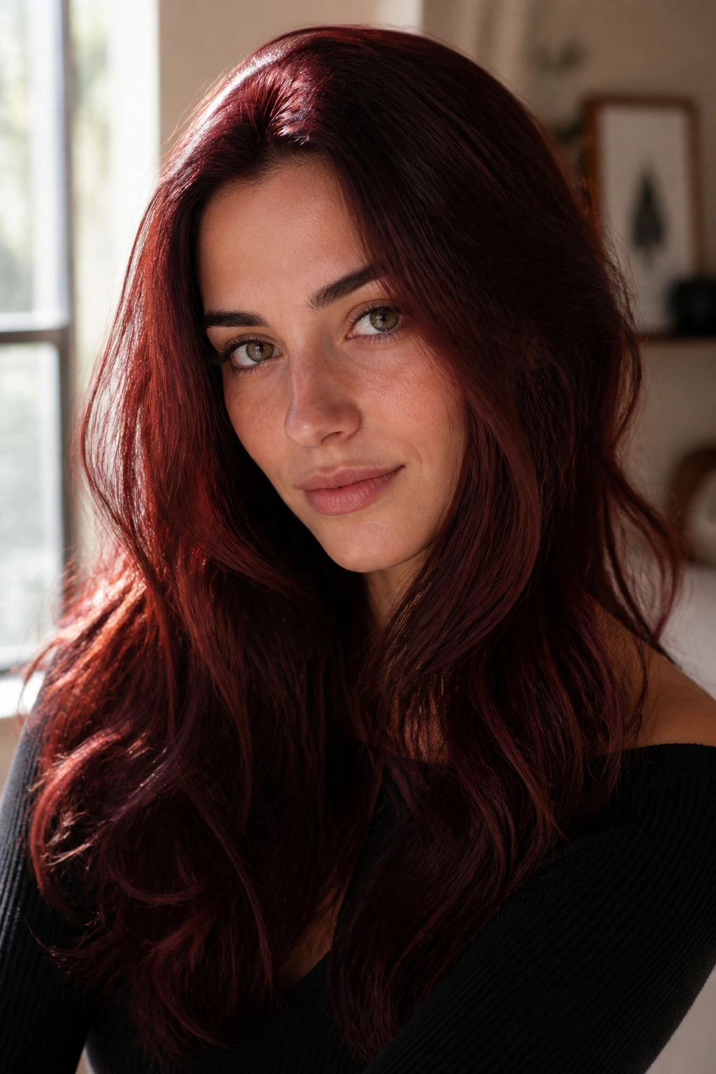 Close-up portrait of a real person with Classic Deep Mahogany hair showing red-violet reflections in soft window light