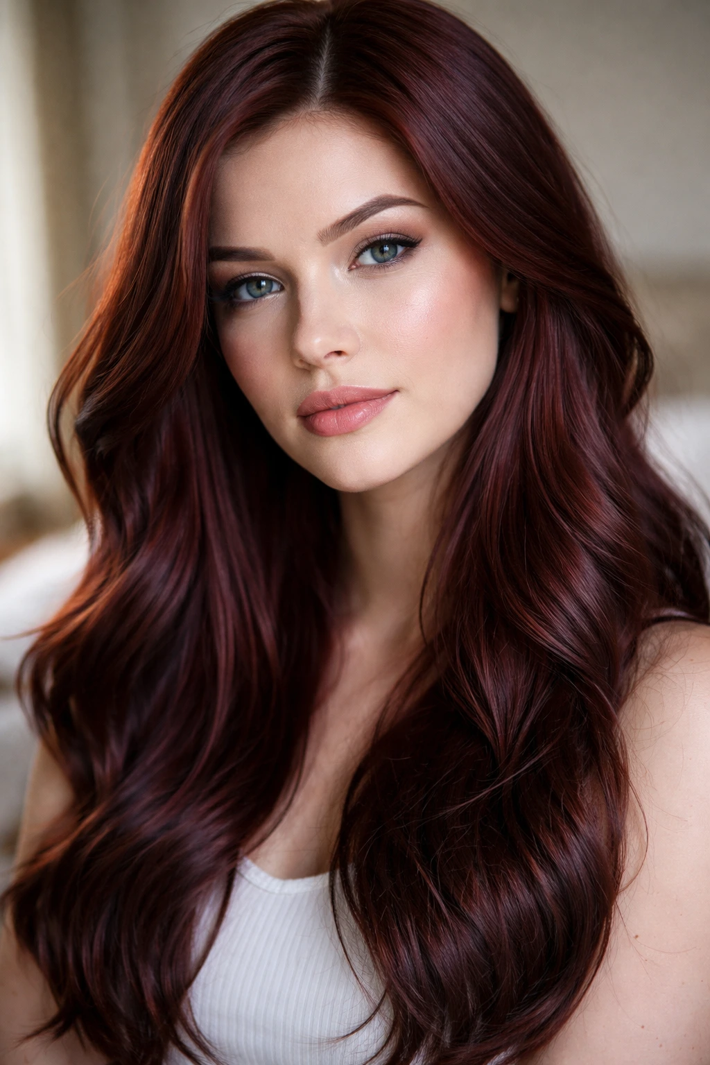 Close-up portrait of a woman with cool-toned mahogany hair against a softly blurred indoor background.