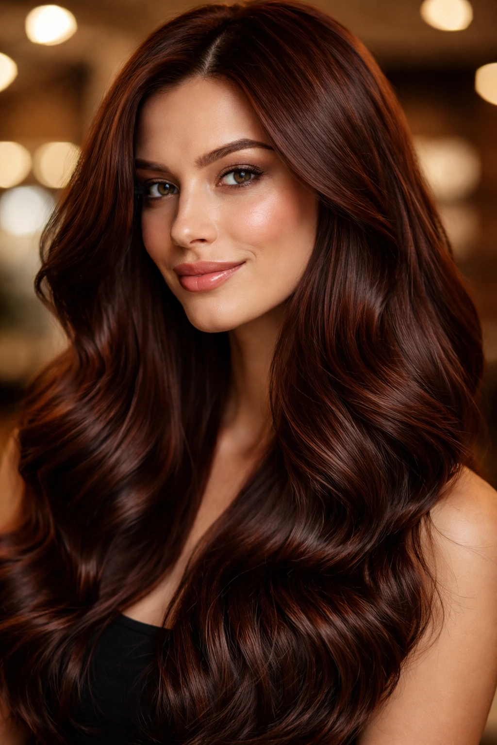 Close-up portrait of a real brunette with mahogany gloss hair, shiny finish