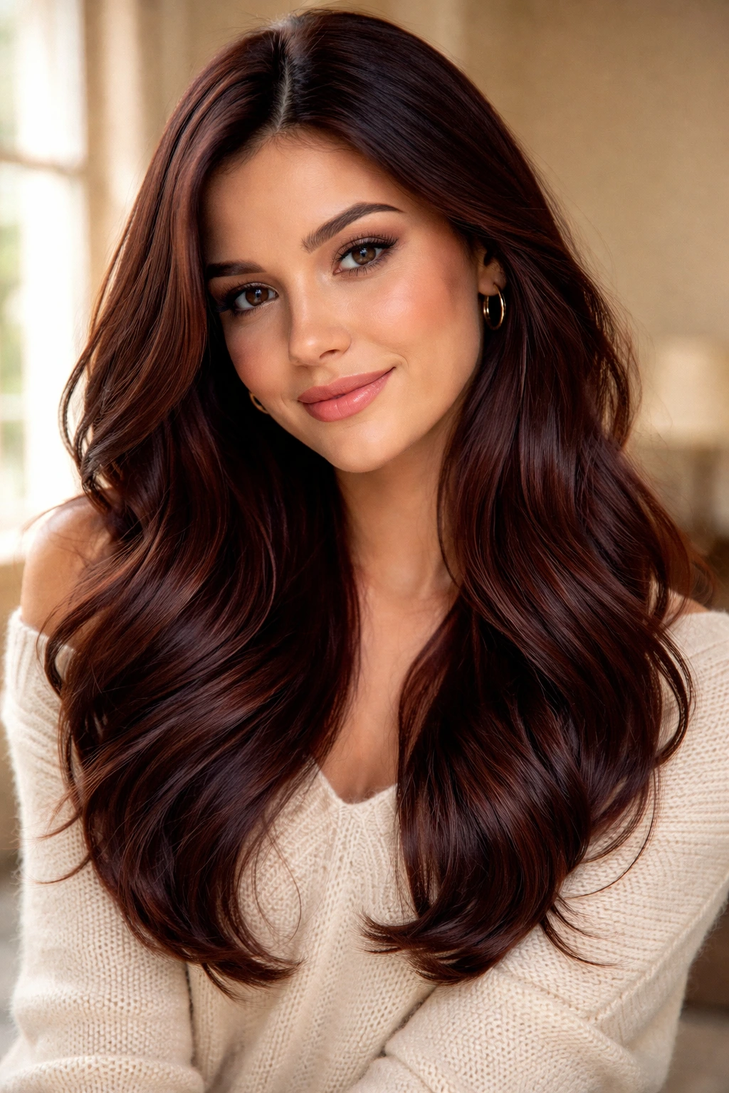Close-up of a real woman with deep mahogany hair and warm red undertones catching light.