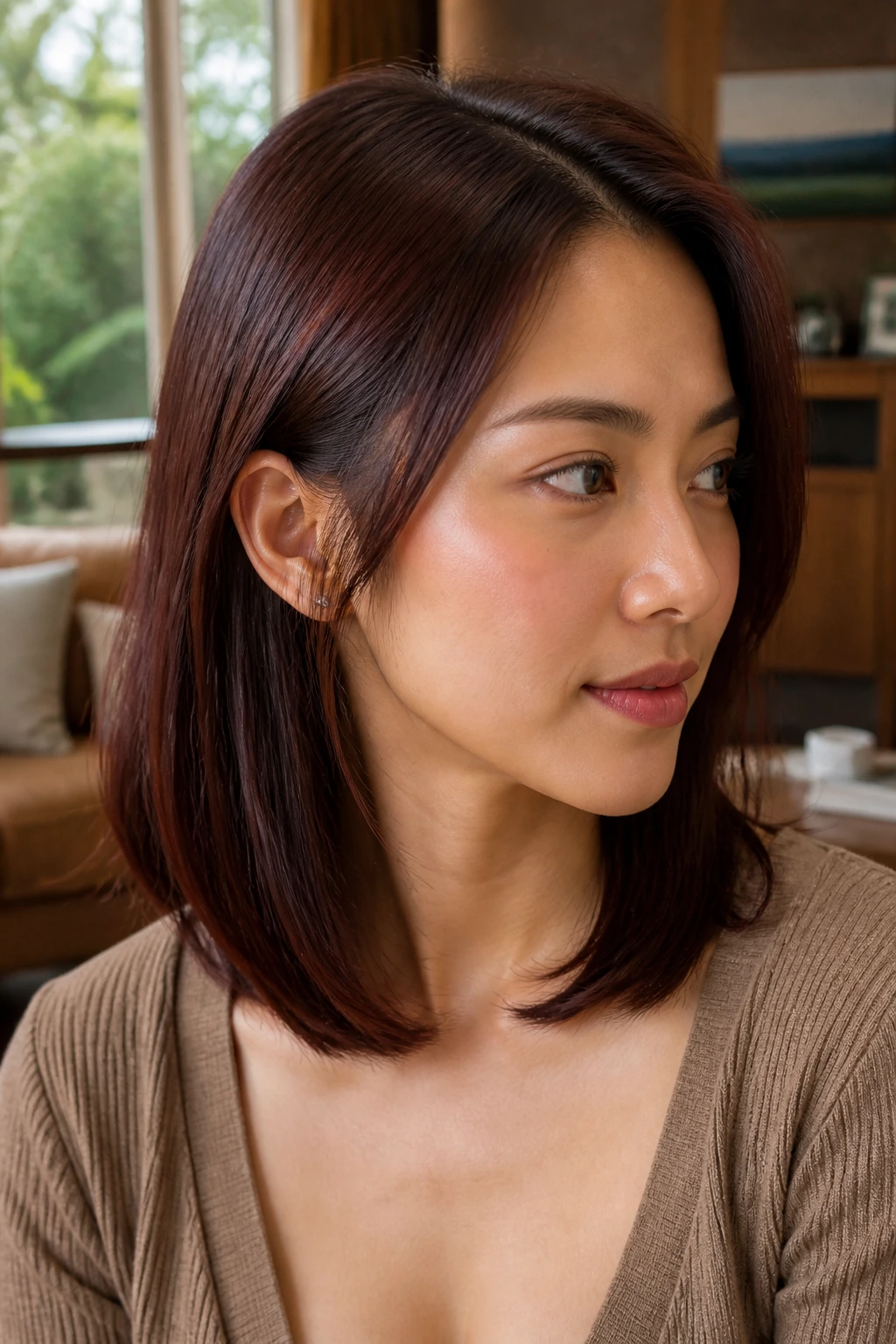 Close-up of a real woman with collarbone-length mahogany hair and invisible layers