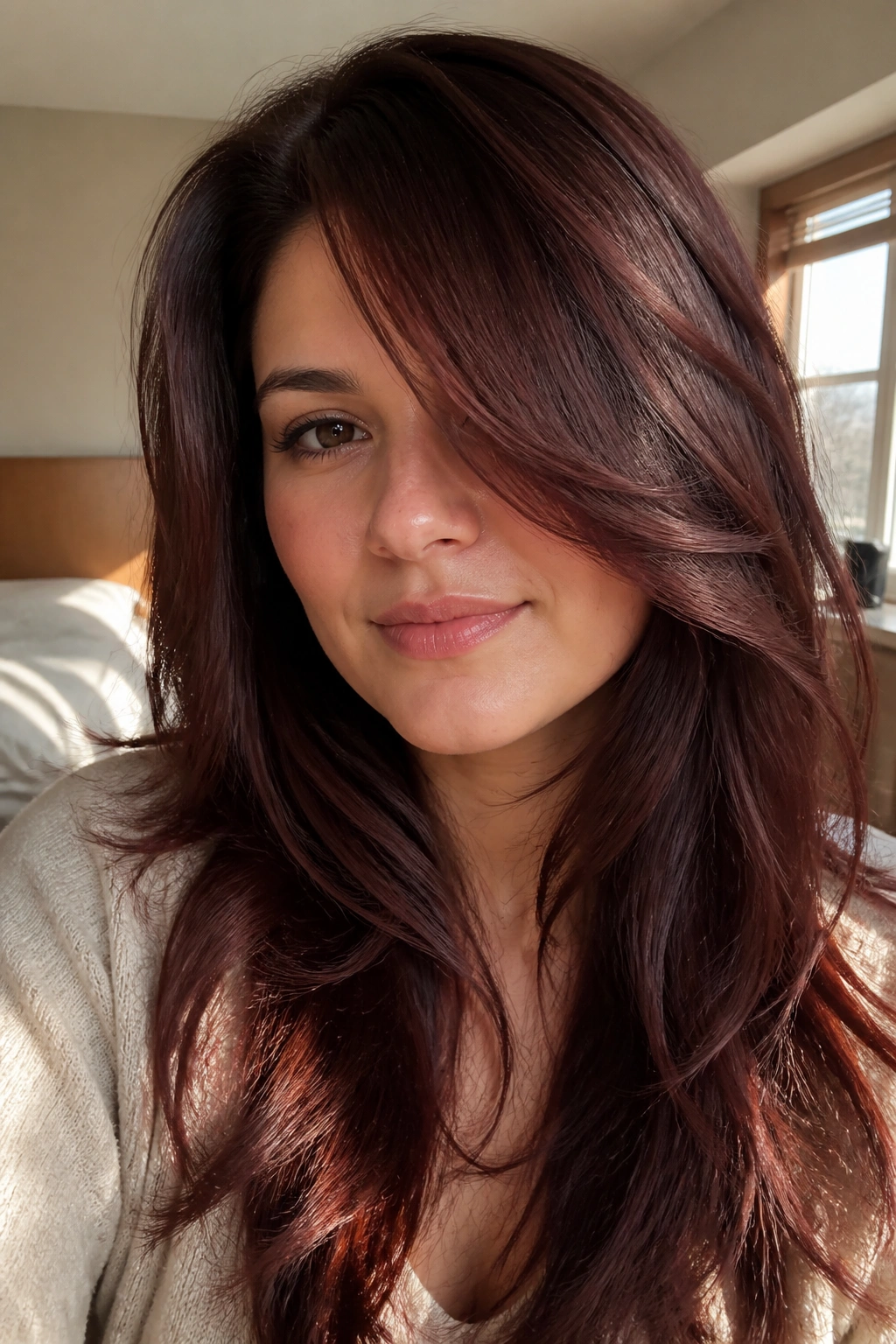 Close-up portrait of a real woman with long mahogany layers and a deep side part.