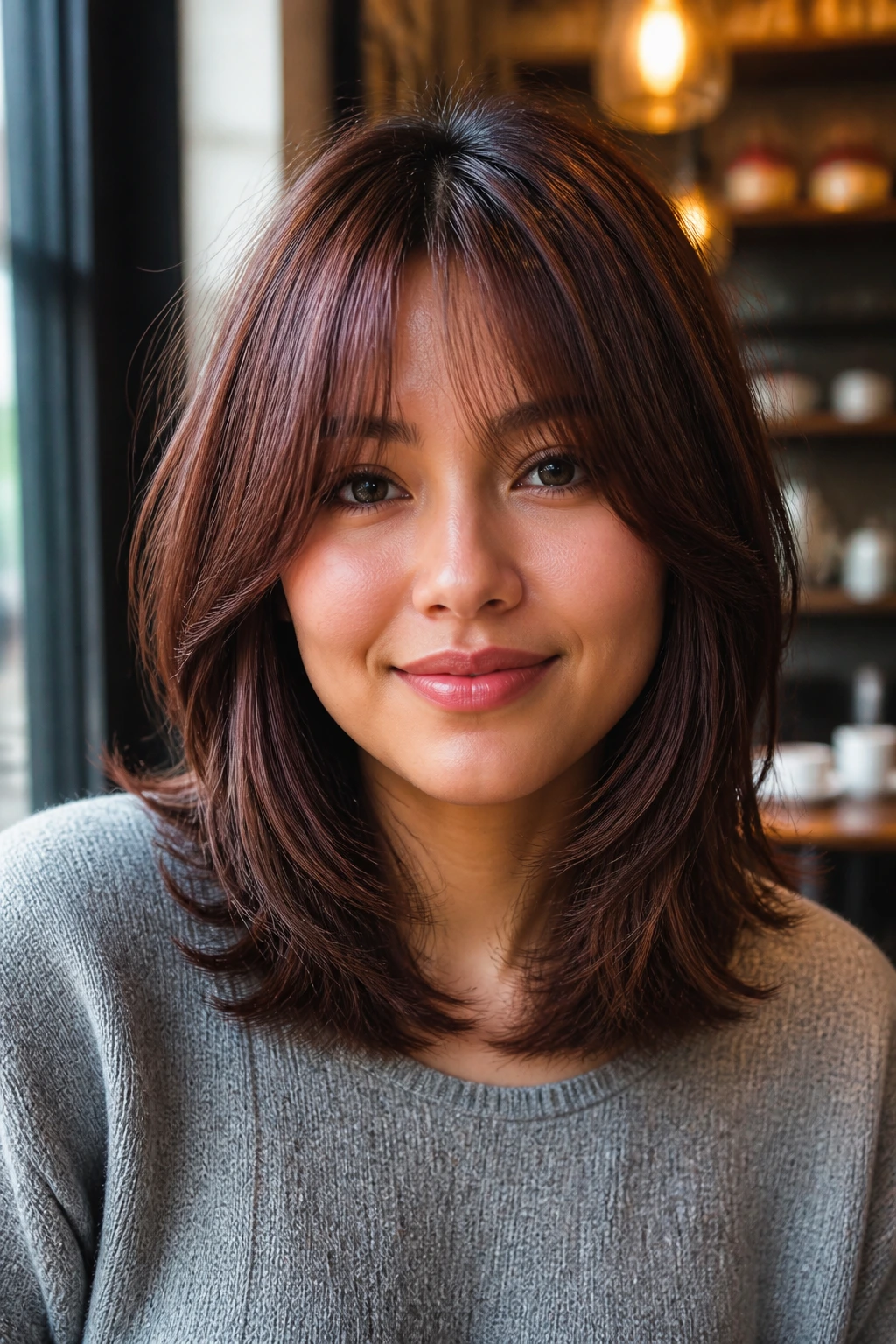 Close-up portrait of a real woman with medium mahogany layers and bottleneck bangs