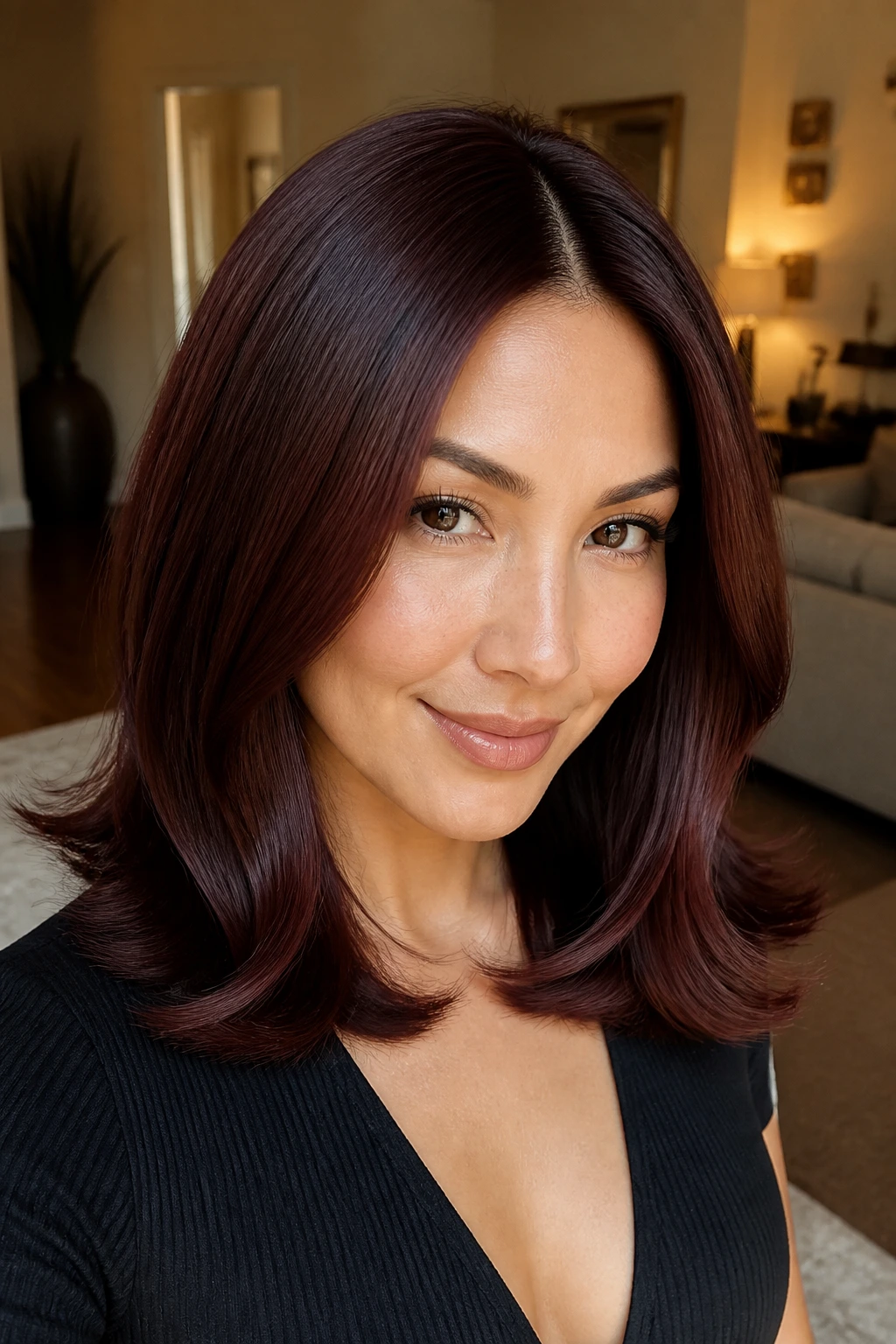 Close-up portrait of a real woman with a glossy mahogany flip-ends lob and clean part