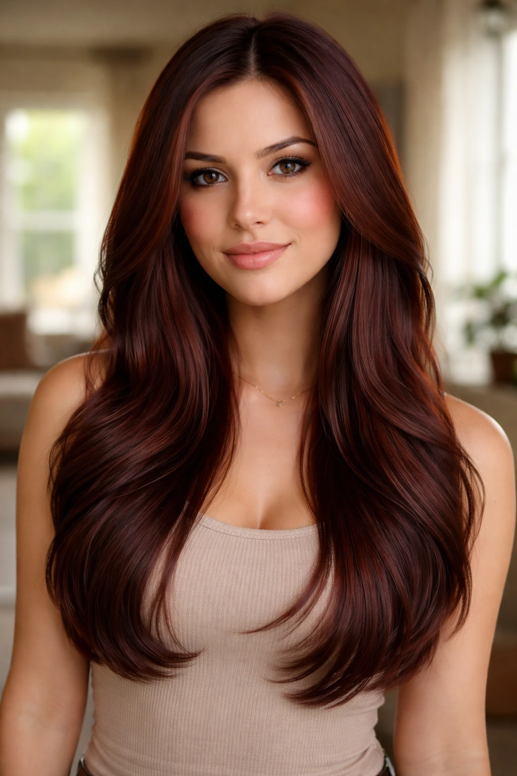 Close-up portrait of a real woman with mahogany hair and long invisible layers, no bangs