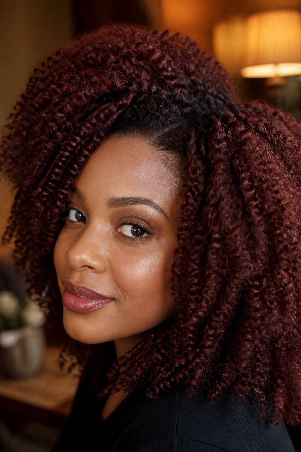 Close-up portrait of a person with mahogany hair in a warm indoor setting