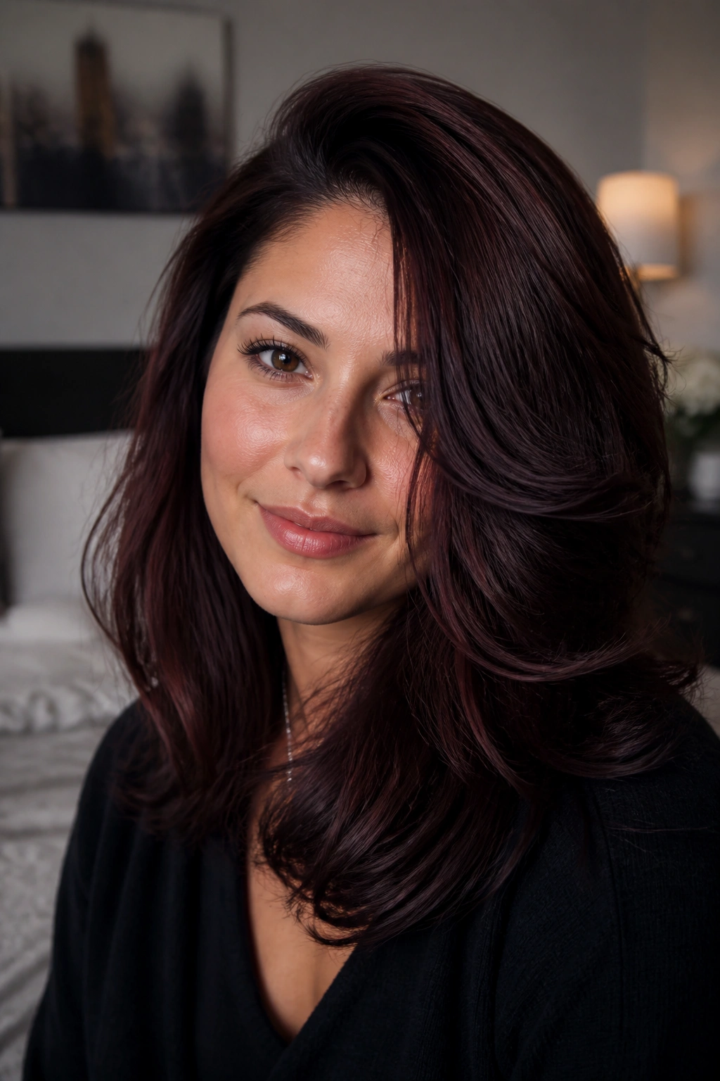 Close-up portrait of a woman with deep mahogany brown hair and side-swept volume