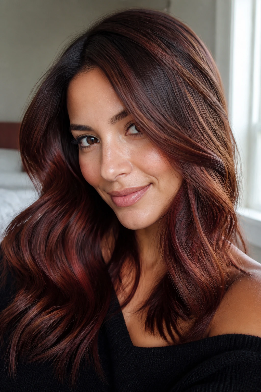 Close-up of a real woman's golden brown hair with warm wine mahogany highlights.