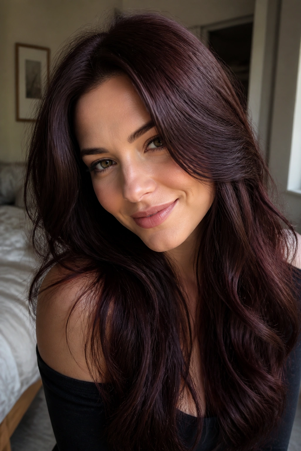 Close-up portrait of a real woman with sheer mahogany brown hair and cool undertones.