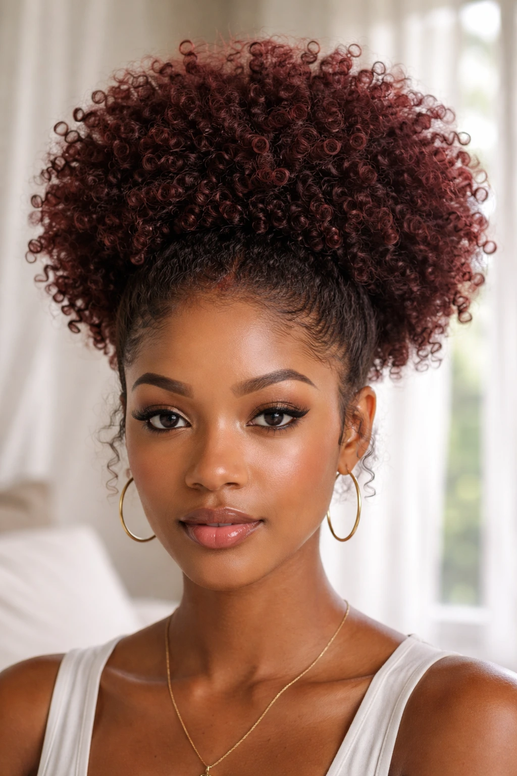Close-up of a real person with a mahogany halo puff at the crown in soft morning light