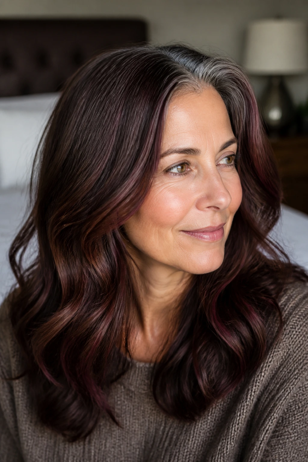 Close-up of a real person with gray-transition brown hair and mahogany highlights