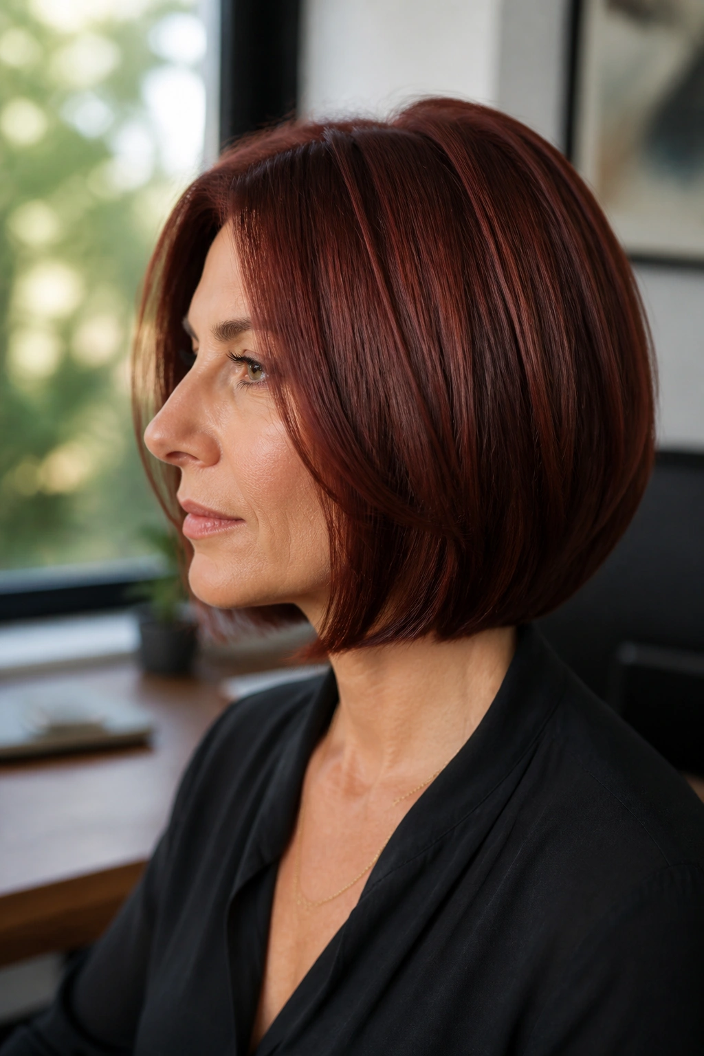 Close-up portrait of a real woman with a mahogany layered blunt bob in warm office light
