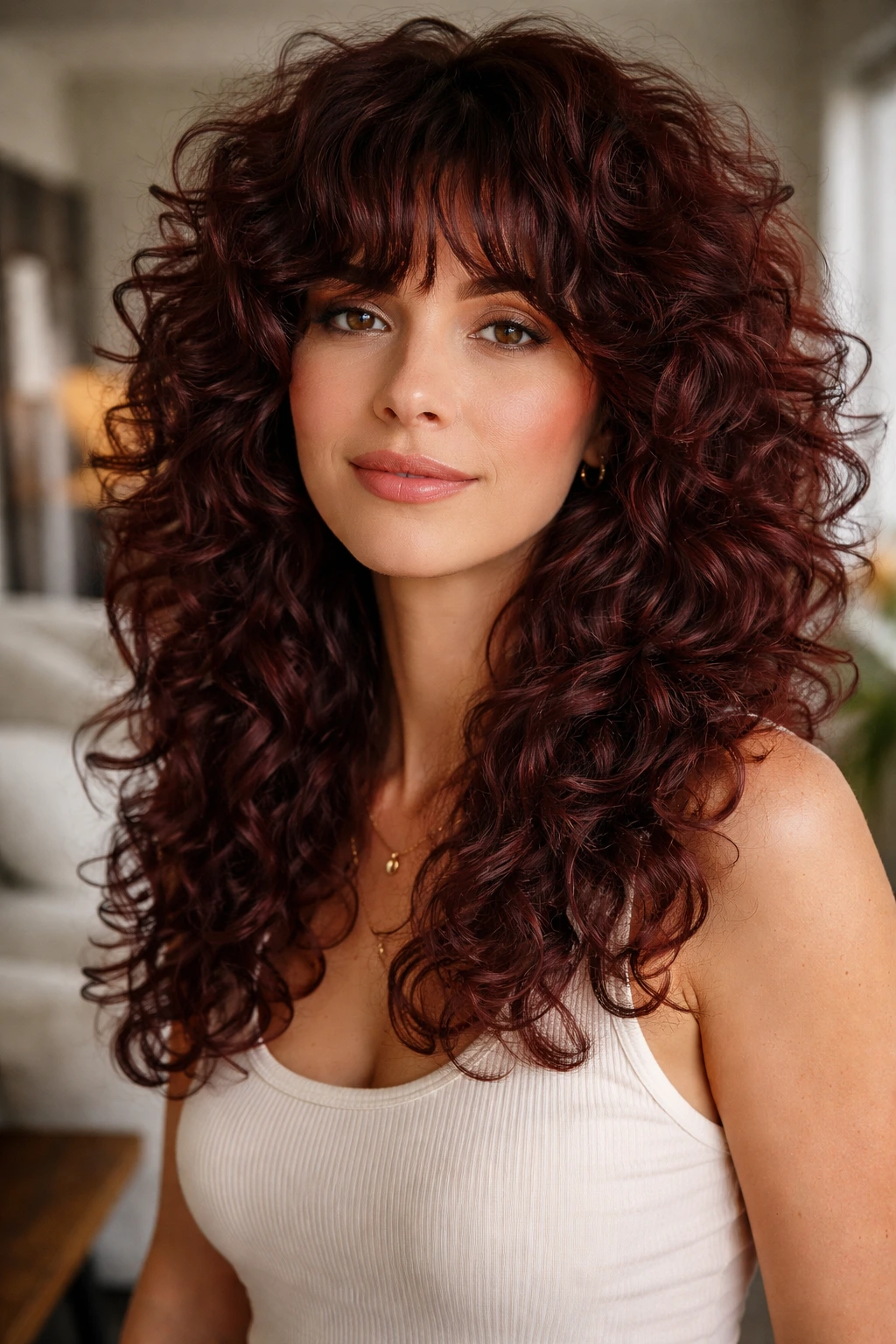 Close-up of layered mahogany shag hairstyle on a real person