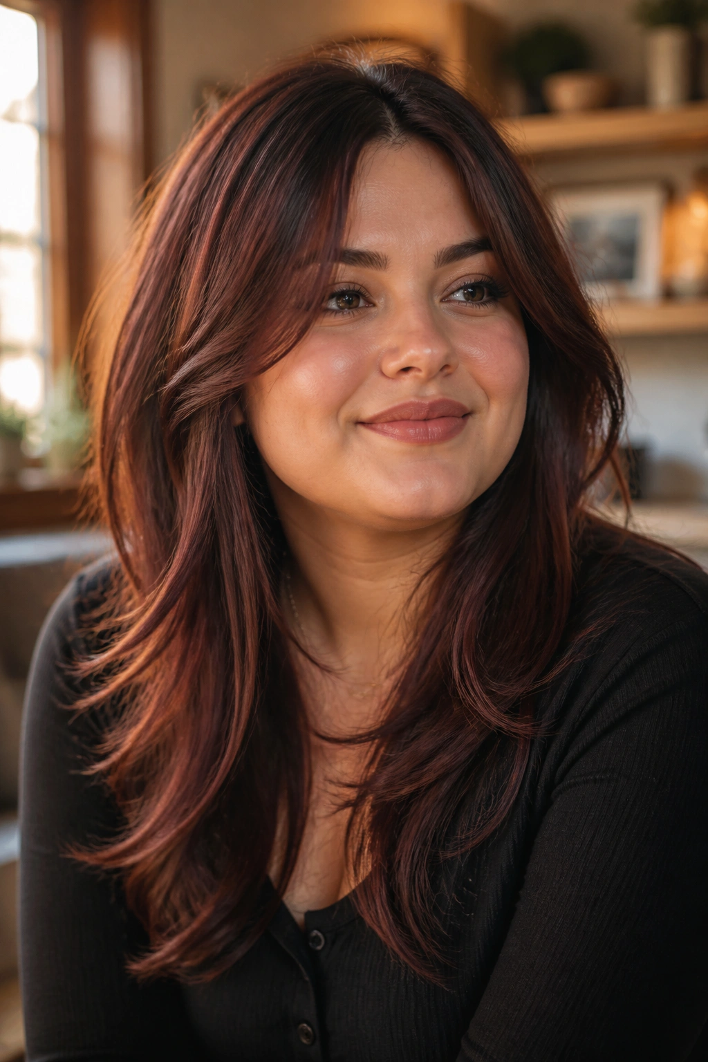Close-up portrait of a real woman with glossy mahogany layered hair for round faces.