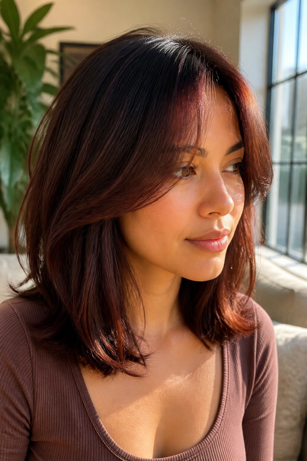 Close-up of a real woman with shoulder-length mahogany lob and curtain bangs.