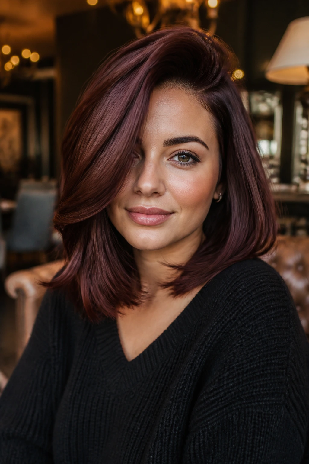 Close-up portrait of a real woman with a mahogany lob and deep side part