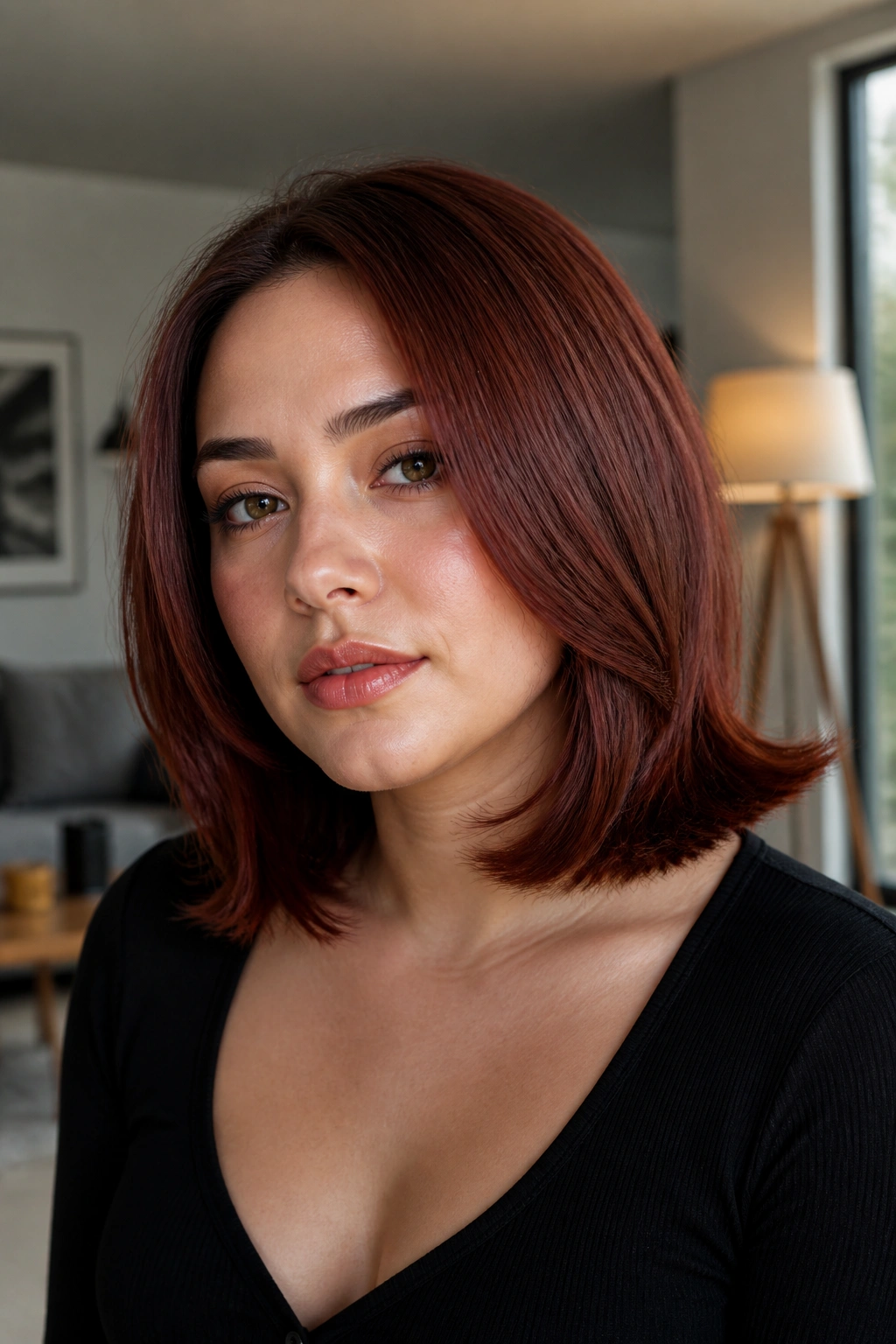 Portrait of a real woman with mahogany lob and flipped ends