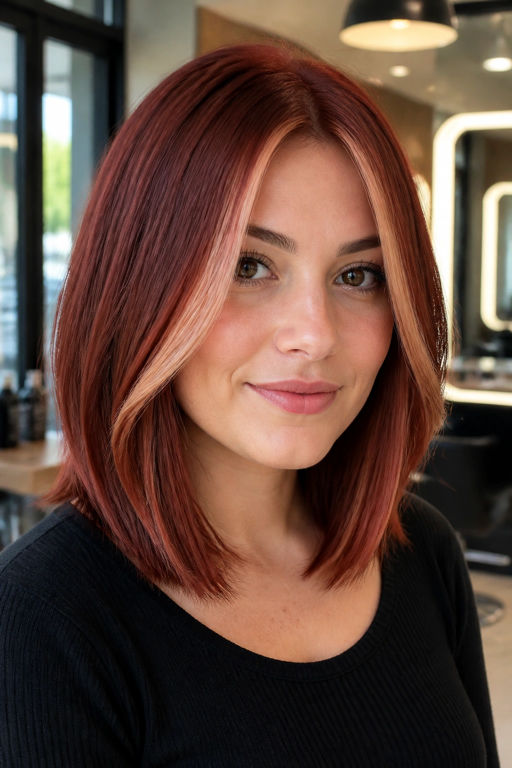 Close-up of a real woman with mahogany lob and bright money piece in salon light