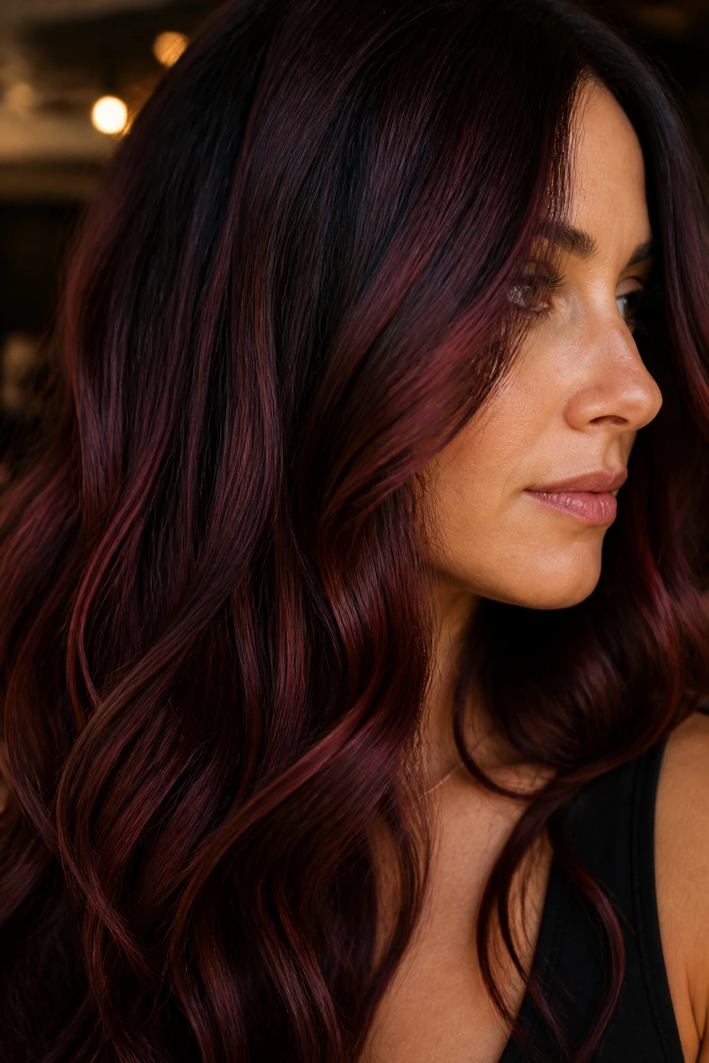 Close-up of brunette hair with mahogany ribbons in waves