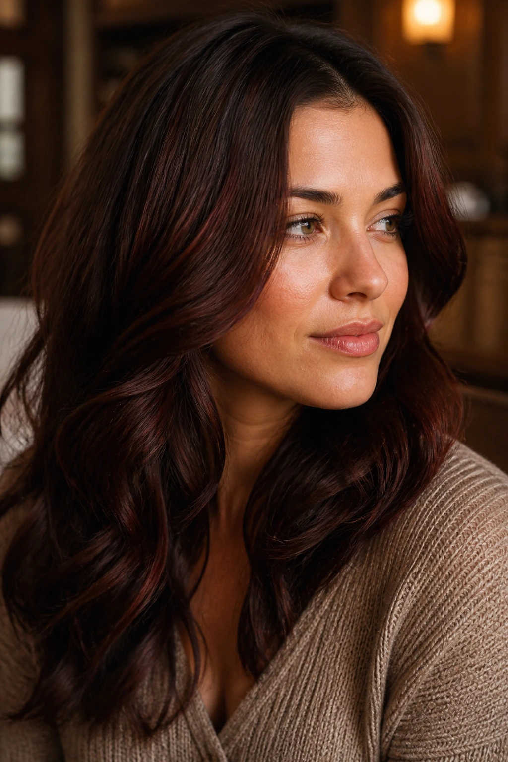 Close-up of brunette with mahogany lowlights for red-brown depth