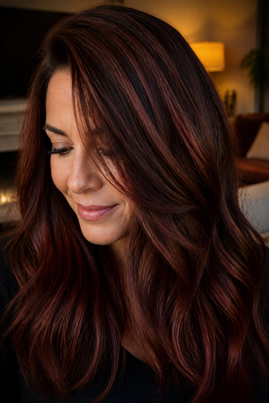 Brunette hair with mahogany lowlights for depth