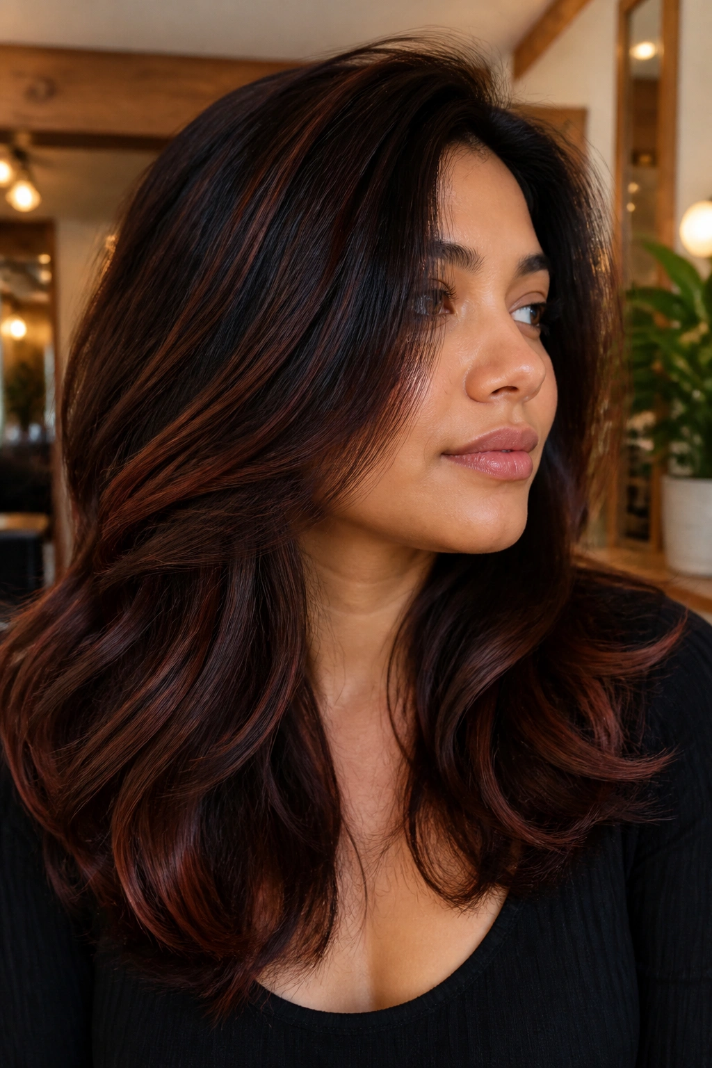 Close-up portrait of a real person with thick hair and mahogany lowlights