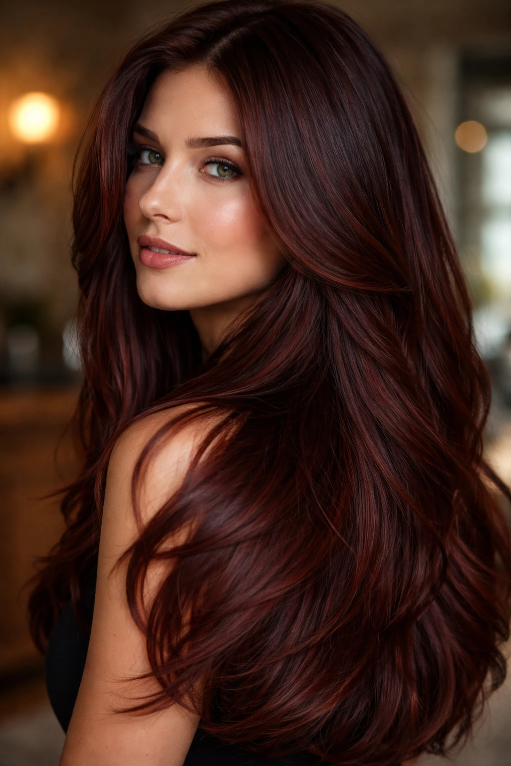 Close-up of a woman showing long layered mahogany hair with deep chocolate roots blending to red-brown