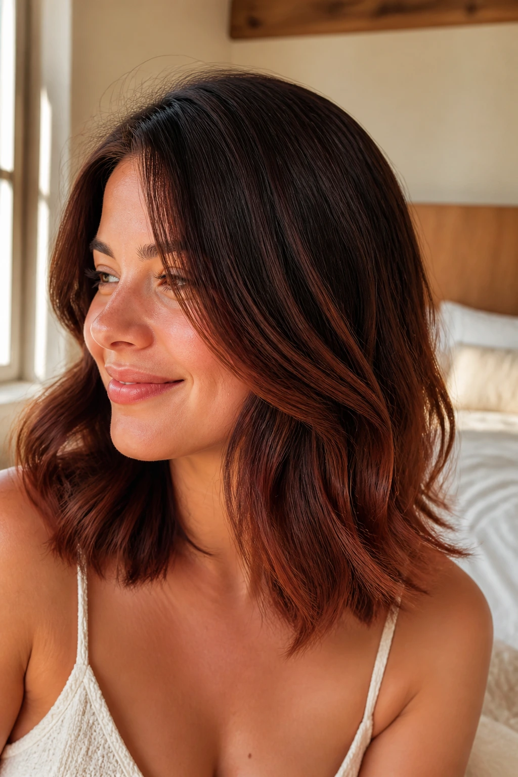 Close-up of a real woman with soft mahogany melt on shoulder-length hair under warm window light
