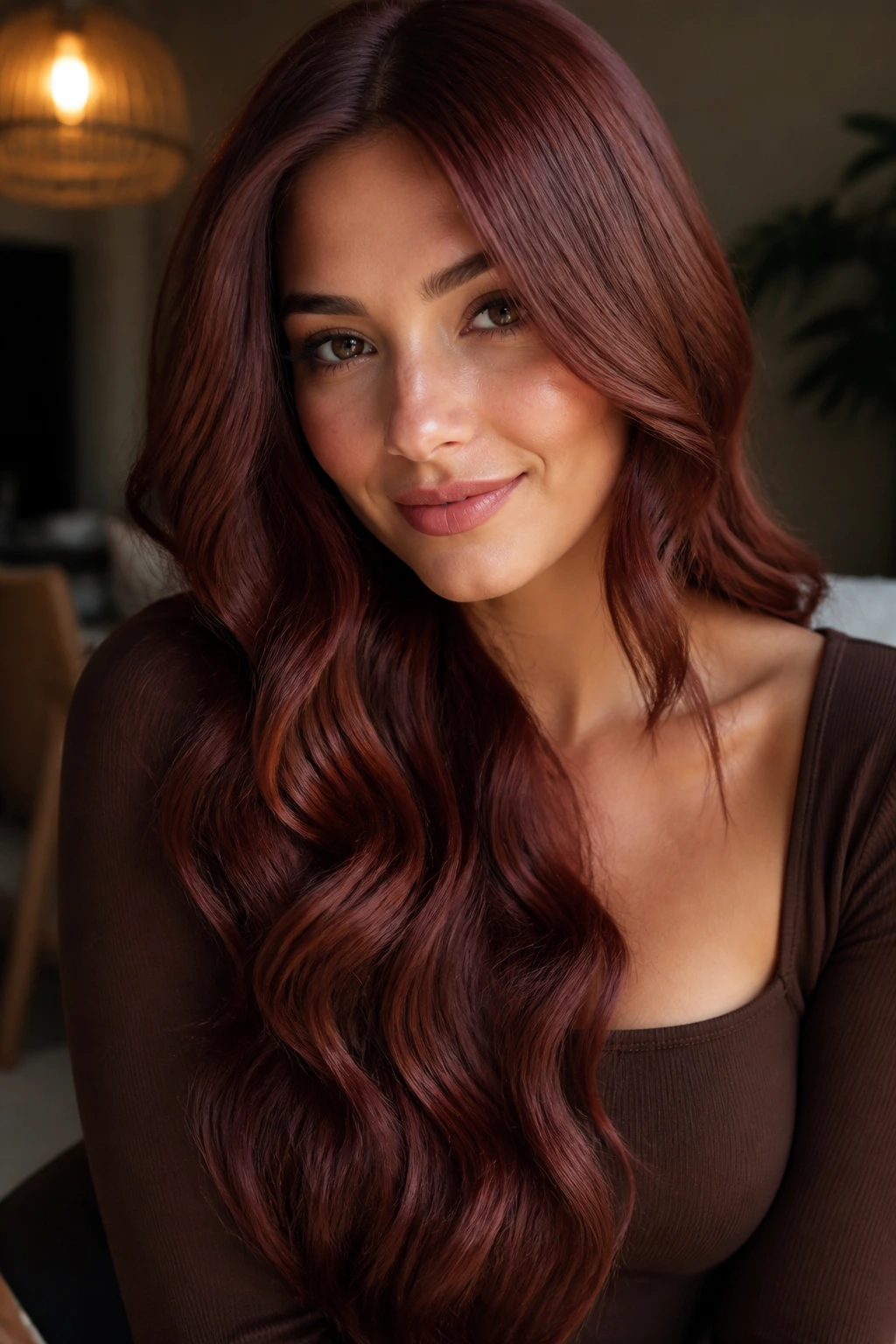 Real woman with long mahogany mermaid waves cascading over shoulder