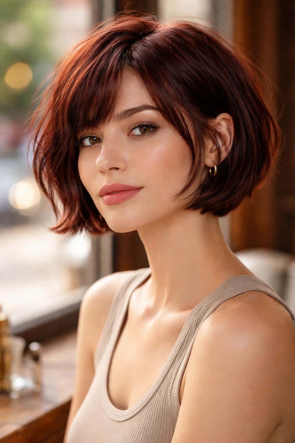 Portrait of a real person with a mahogany micro-bob above the chin