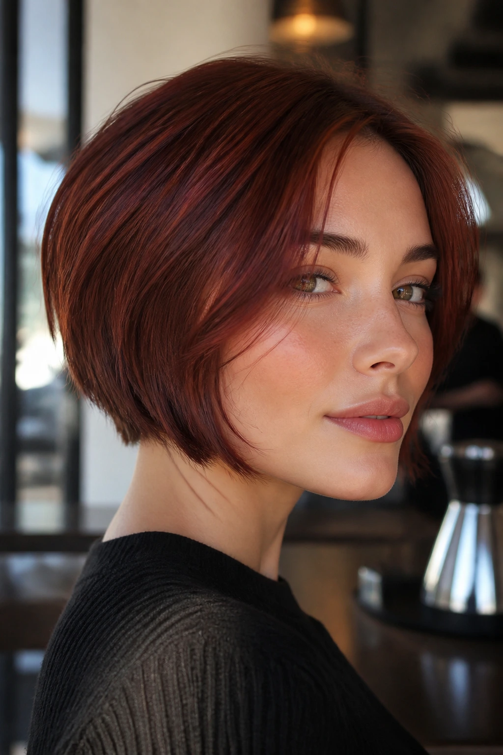 Real woman with soft-textured micro-bob highlighting jaw-skimming front pieces