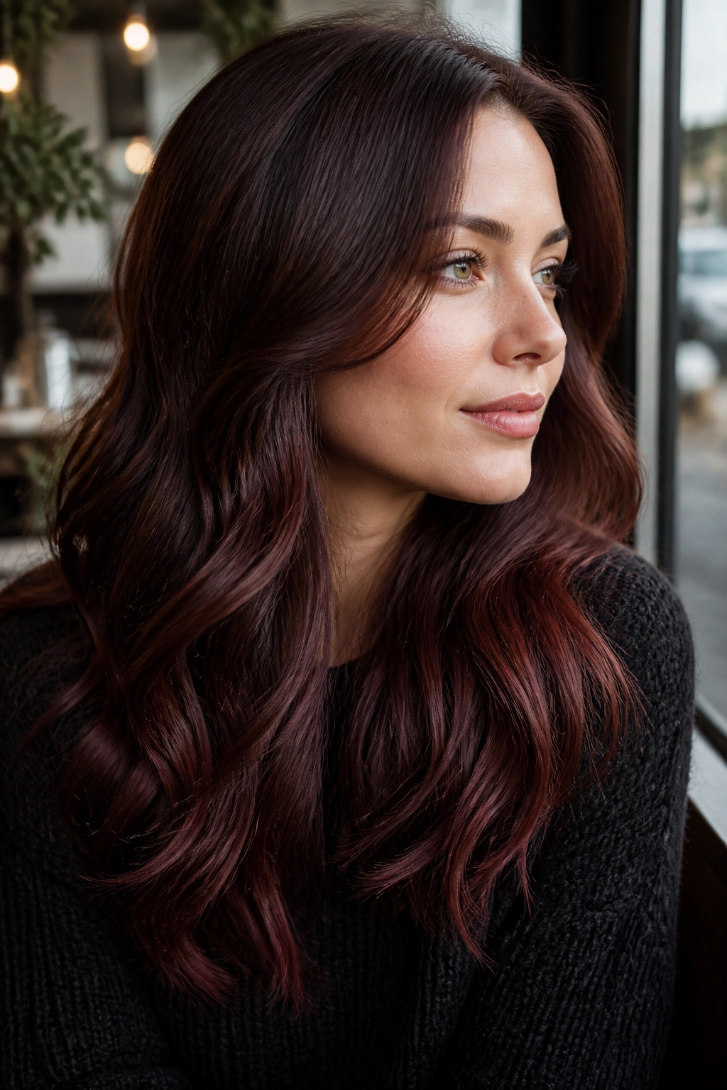 Close-up portrait of a real woman with Mahogany Mocha Auburn hair for cool skin tones