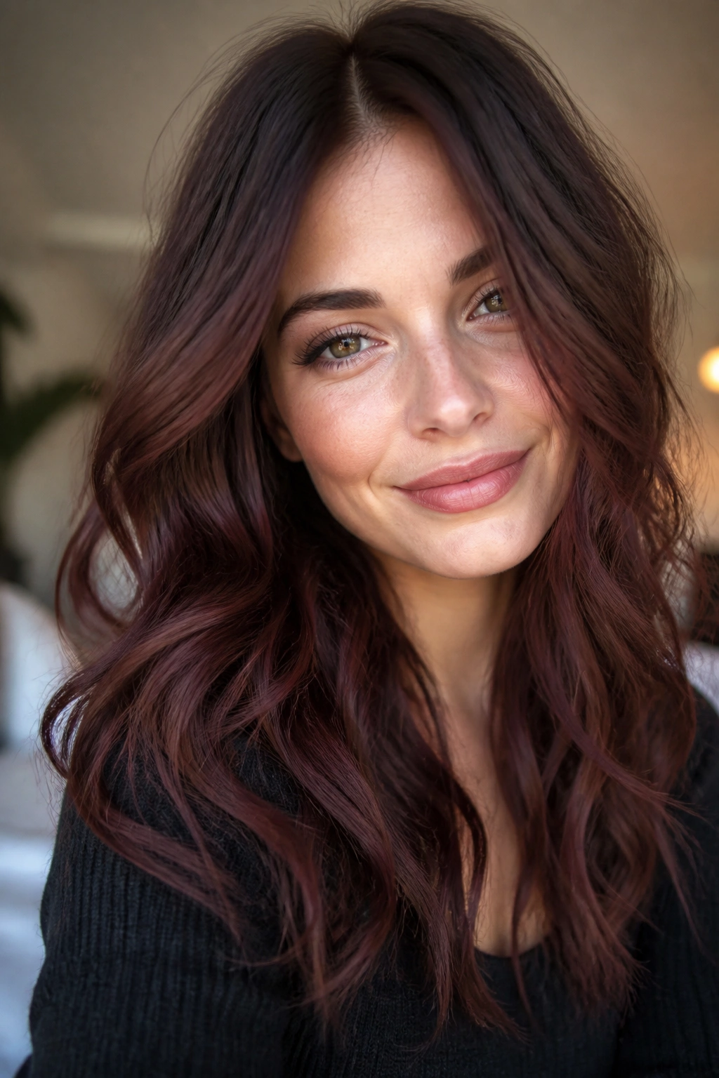 Close-up of a woman with mahogany mocha brunette hair in soft morning light